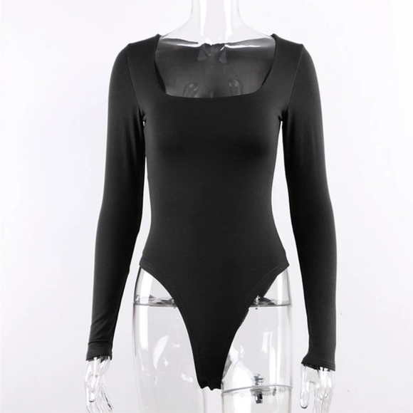 New Black Long Sleeves Square Neck Cozy Bodysuit - Picture 4 of 7